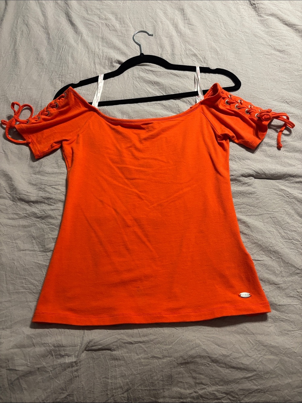 Guess Orange Off-Shoulder Lace-Up Sleeve Crop Top